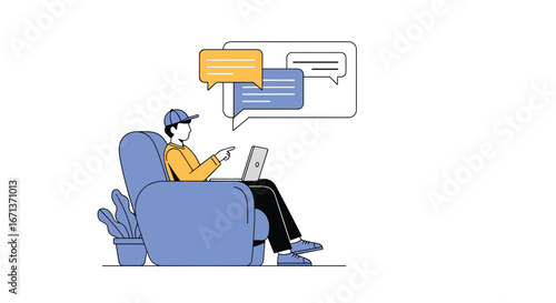 Young person relaxing in a comfortable chair interacting with digital communication platforms using a laptop and engaging in online conversations