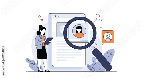 Visualizing the process of analyzing candidate profiles with a magnifying glass and person icon for recruitment strategy