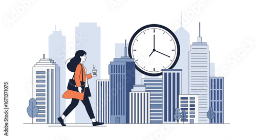 Urban professional woman commuting to work amidst cityscape and clock time management concept
