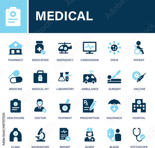 Medical icon set collection. Pharmacy, medication, emergency, cardiogram, virus, patient, medicine, laboratory, ambulance and best solid icon set.