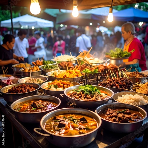 Night market food stall with various stews, curries, and grilled meats