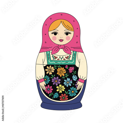 Traditional russian folk art matryoshka doll with floral apron and pink headscarf
