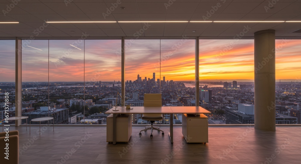 Fototapeta premium An office interior with a desk and chair, overlooking a cityscape at sunset.