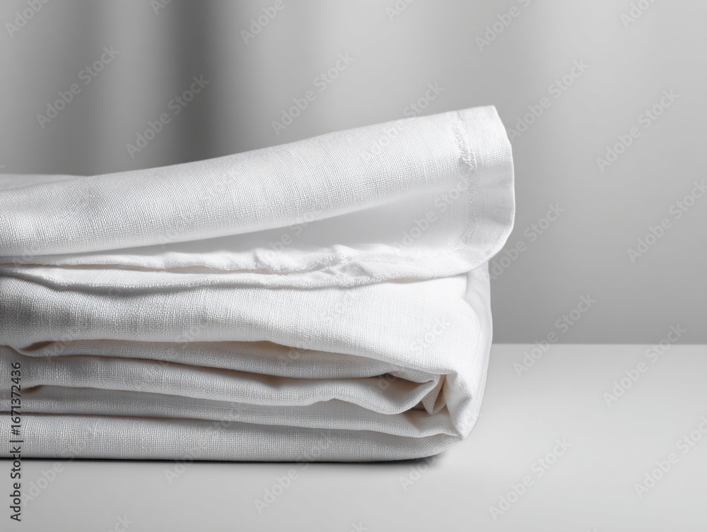 Fototapeta premium White linen fabric neatly folded on a table in a natural light setting showcasing simplicity and elegance