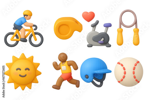3d icon set featuring cycling, fitness, and sports elements for health and lifestyle designs