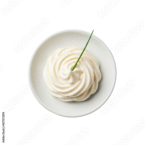 transparent mayonnaise dollop with peaks, green chive, on white ceramic saucer, isolated on transparent background, studio lighting, concept of culinary perfection