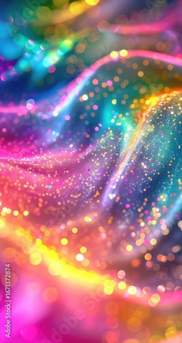 Shimmering rainbow fabric swirls, bokeh background, abstract art, phone wallpaper