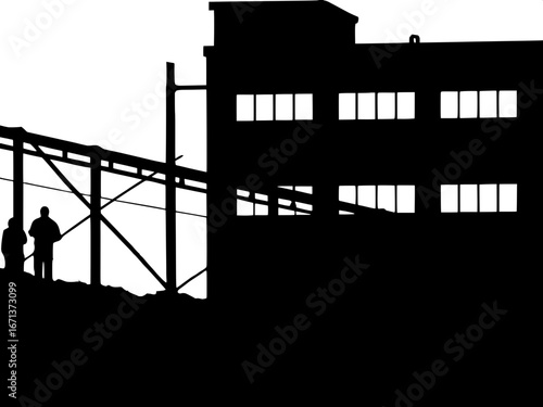 Graphic Novel Factory Setting
A dramatic black-and-white panel illustration of a factory building with strong shadows, rigid lines, and minimal detail, designed as a symbolic backdrop in a graphic nov