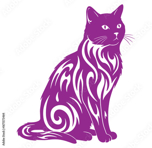 Vector illustration of a purple cat with decorative tribal pattern sitting calmly