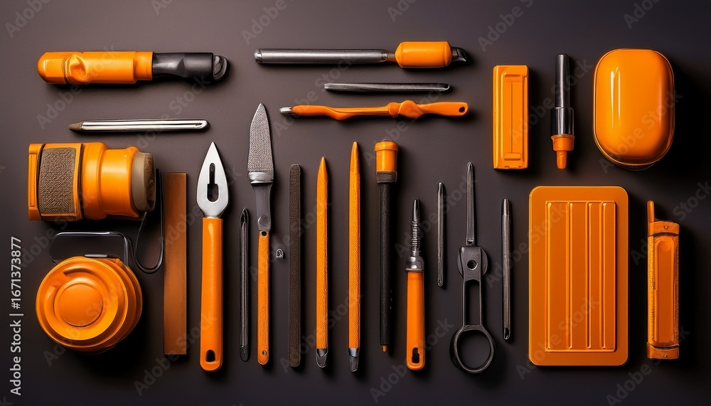 Fototapeta premium Orange Tools and Accessories Arranged on Dark Background