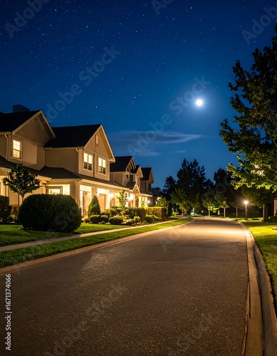 Night scene of a residential street, houses illuminated, moonlit sky