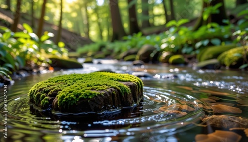 Mosscovered Stone Platform Flowing Stream
