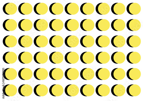 Grid of yellow circles with black crescent shadows, creating a playful, rhythmic pattern — minimalist, graphic design ideal for backgrounds, textiles, or modern decorative art.
