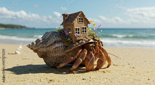 Whimsical Hermit Crab Carrying Tiny House on Sandy Beach