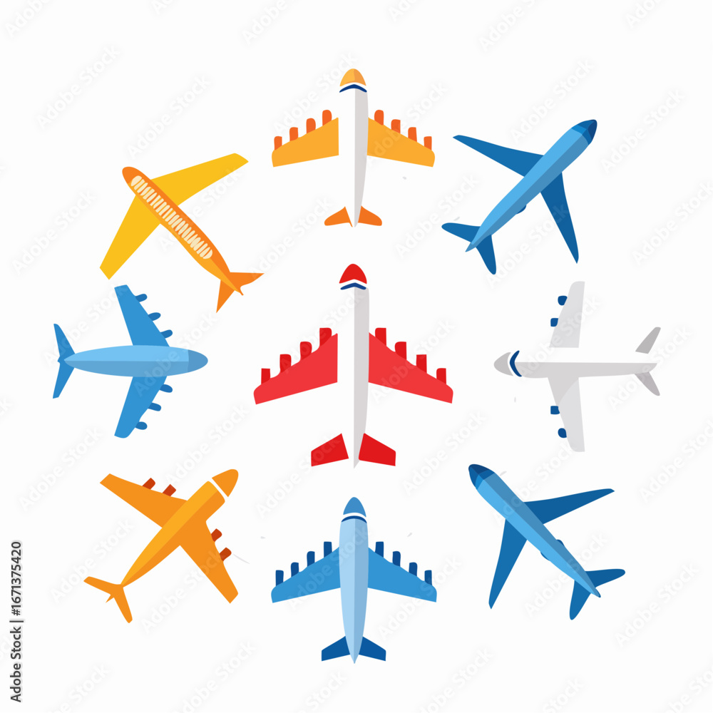 Fototapeta premium Airplane icon set with passenger jet, cargo plane, and paper plane. Perfect for travel, aviation, and transportation projects in flat vector style