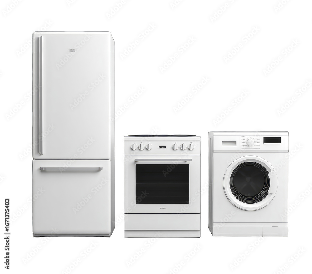 Fototapeta premium White appliances fridge, stove, and washer