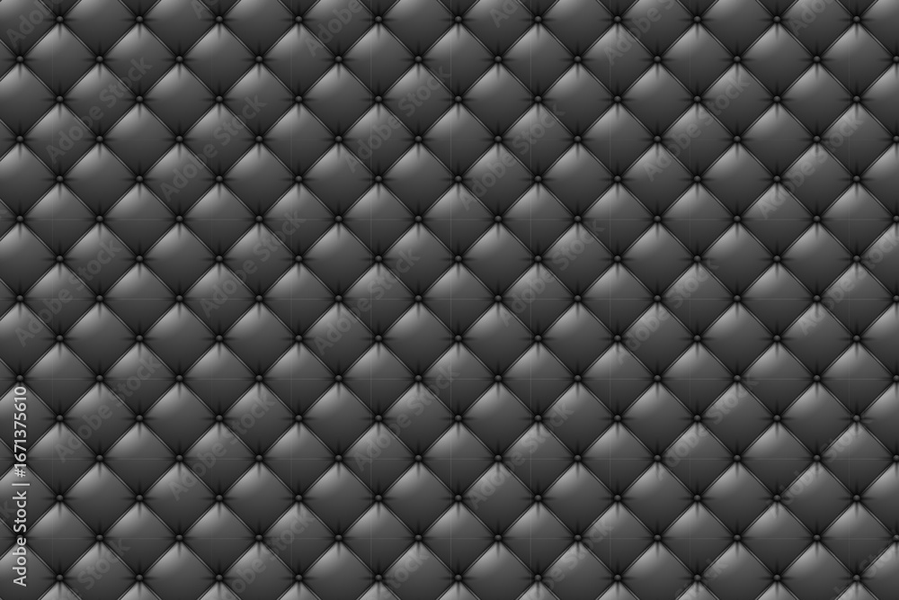Naklejka premium Luxurious black leather upholstery background. Seamless pattern of quilted squares with stitching thread vector illustration.