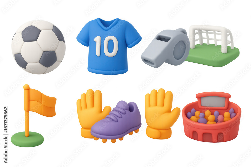 Fototapeta premium 3d soccer icons: ball, jersey, whistle, and more for sports enthusiasts
