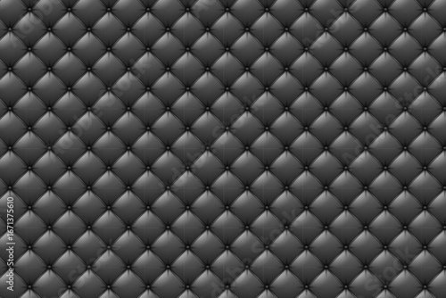 Luxurious black leather upholstery background. Seamless pattern of quilted squares with stitching thread vector illustration.