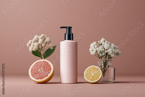 Minimalist product shot with citrus and flowers on pink backdrop