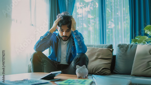 Stressed man calculating home finances with piggy bank