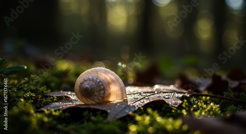 Translucent Snail Shell on Dew-Kissed Leaf Amidst Moss with Golden Bokeh