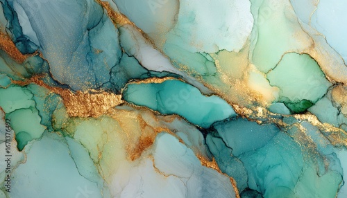 Abstract fluid art with teal, green, and gold hues