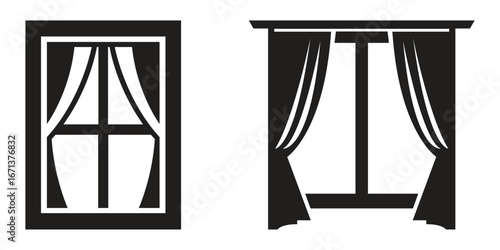 Black silhouette vector collection of windows with curtains