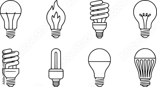 Collection of various light bulb icons, including LED, CFL, and incandescent designs