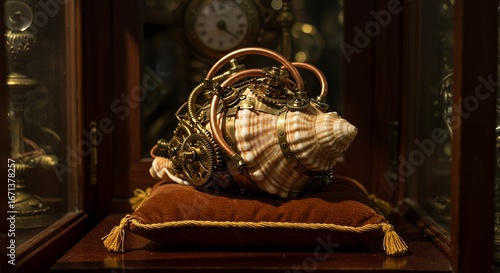 Intricate Steampunk Conch Shell with Brass Gears and Copper Pipes on Velvet Cushion