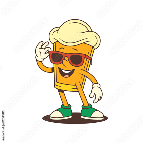 Funny cartoon beer glass with foamy head, red sunglasses, smile, arms and legs adjusting eyewear in confident gesture. Great for brewery branding and festivals. Vector illustration