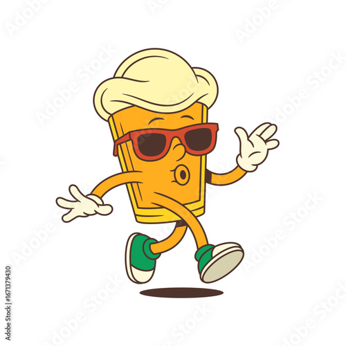 Energetic yellow cartoon beer glass mascot with large foamy head running while whistling and wearing stylish red sunglasses. Ideal for brewery branding, beer festivals. Vector illustration