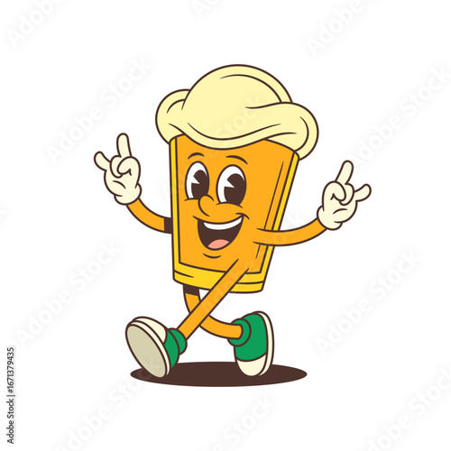Cheerful cartoon beer glass character with large foam head confidently walking and smiling while showing rock hand gestures with both hands. Suitable for beer festival promotion. Vector illustration