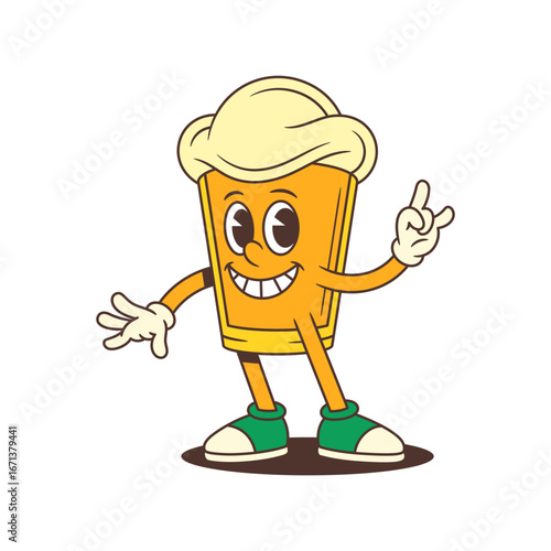 Bright yellow cartoon beer glass mascot smiles widely while showing rock hand gesture. Ideal for brewery branding, beer festivals, and marketing materials. Vector illustration