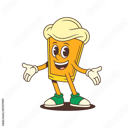 Cheerful cartoon beer glass mascot with big foam head smiling widely and spreading arms in a welcoming gesture. Perfect for brewery branding or event promotion. Vector illustration