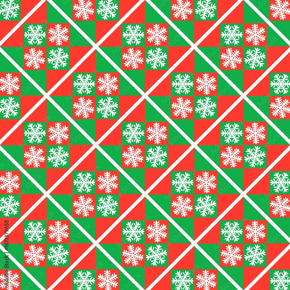 Fototapeta premium seamless christmas pattern. A charming, festive seamless pattern featuring a repeating grid of squares in red, green, and cream colors, with a white snowflake icon in the center of each square.
