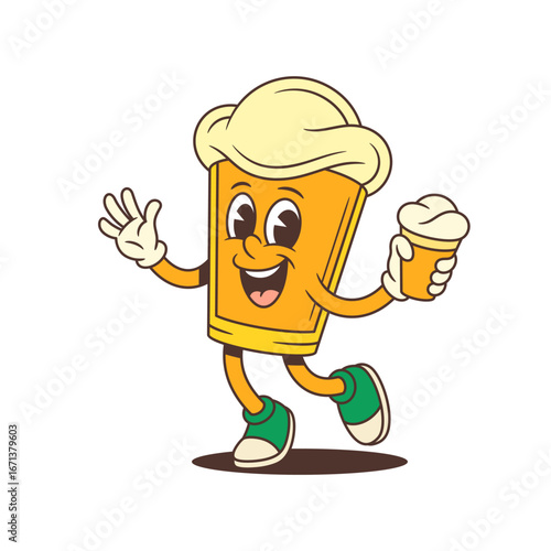 Yellow beer glass mascot with large foamy head joyfully runs while waving a hand and holding a beer glass. Suitable for brewery branding, beer festivals and promotional campaigns. Vector illustration.