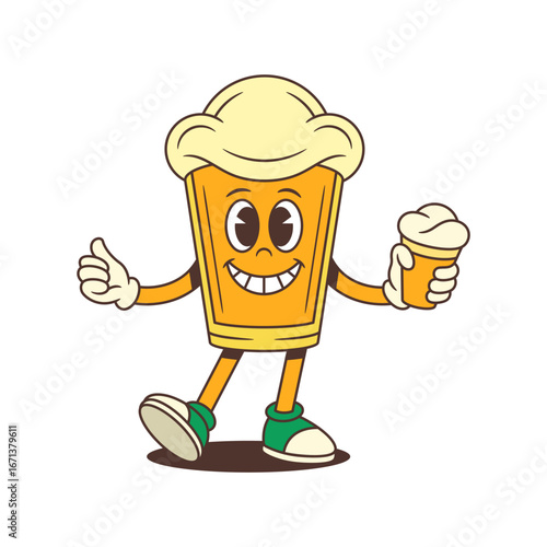 Yellow beer glass mascot with large foamy head stands smiling while holding a beer glass and showing a thumbs up gesture. Suitable for brewery branding, beer festivals. Vector illustration