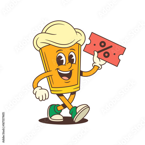 Beer glass mascot with large foamy head walking while holding a red advertising sign featuring a percentage symbol. Ideal for brewery promotions, and marketing campaigns. Vector illustration
