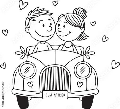 Newlyweds' Joyride: A sweet cartoon depicts a newlywed couple, radiating joy as they embark on their journey of love, riding in a charming vintage car, and surrounded by symbols of affection.