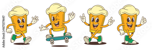 Cartoon beer mascot character performing various fun activities like skating and walking while expressing emotions through playful gestures and facial expressions. Vector illustration