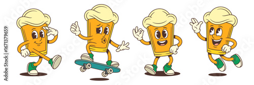 Beer cartoon mascot marches, skateboards, jumps and makes hand signs while expressing various emotions with funny and playful gestures. Vector illustration
