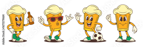 A cheerful yellow beer mascot character performing various fun actions such as walking with a bottle, dancing at a festival, waving near a football, and giving thumbs up. Vector illustration