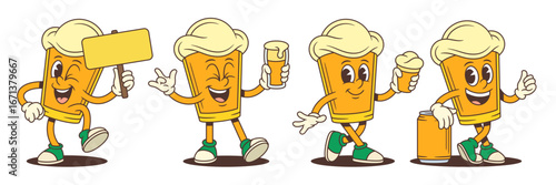 Joyful beer mascot character jumping with empty sign winking, celebrating with eyes closed holding beer glass, walking with drink, leaning on large beer can showing thumbs up. Vector illustration