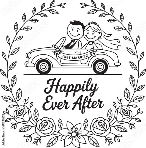 Just Married, Ever After: A delightful cartoon-style illustration of a newlywed couple embarking on their journey, with a car surrounded by floral decorations symbolizing Happily Ever After. 