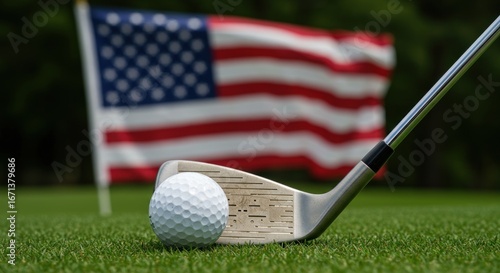 Golf club poised over a golf ball on a green, with an American flag in the background.