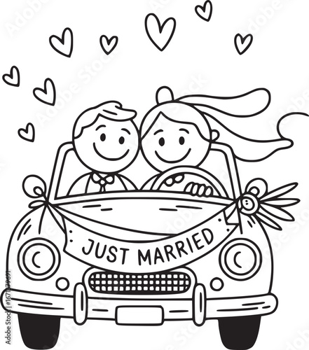 Newlyweds' Joyride: Hand-drawn couple in a wedding car exuding happiness and love, signifying the start of their marital journey. Surrounded by hearts, a symbol of the journey that has just begun.
