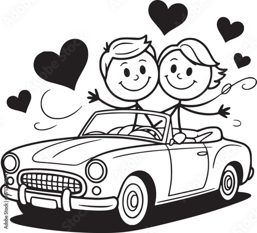 Love on the Road: A charming illustration of a couple happily cruising in a convertible, hearts floating above them, symbolizing joy, togetherness, and the journey of love.