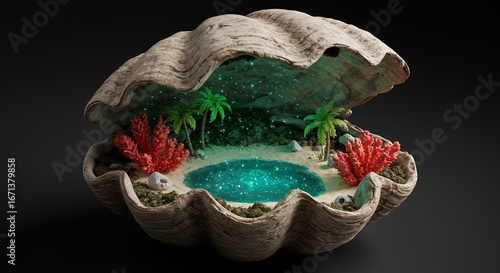 Enchanted Miniature Tropical Island in a Giant Clam Shell