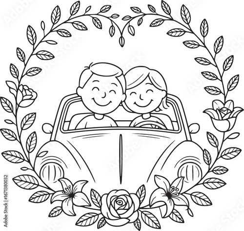 Couple's Road Trip: A joyful couple embarks on a romantic road trip in a vintage car, surrounded by a floral wreath, embodying the essence of love and adventure. 